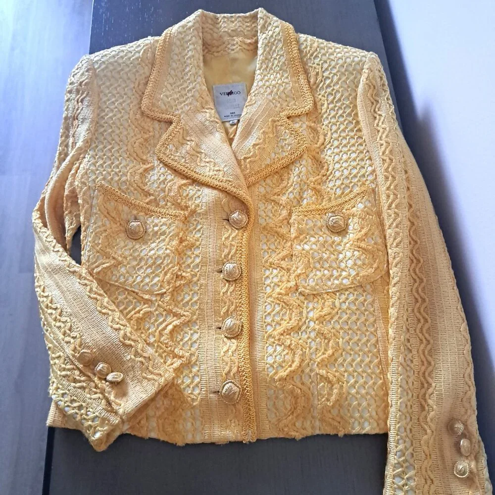 Vintage VERTIGO Rayon Cotton Blend Jacket Mini Skirt Suit Made in France Size M - Picture 1 of 15